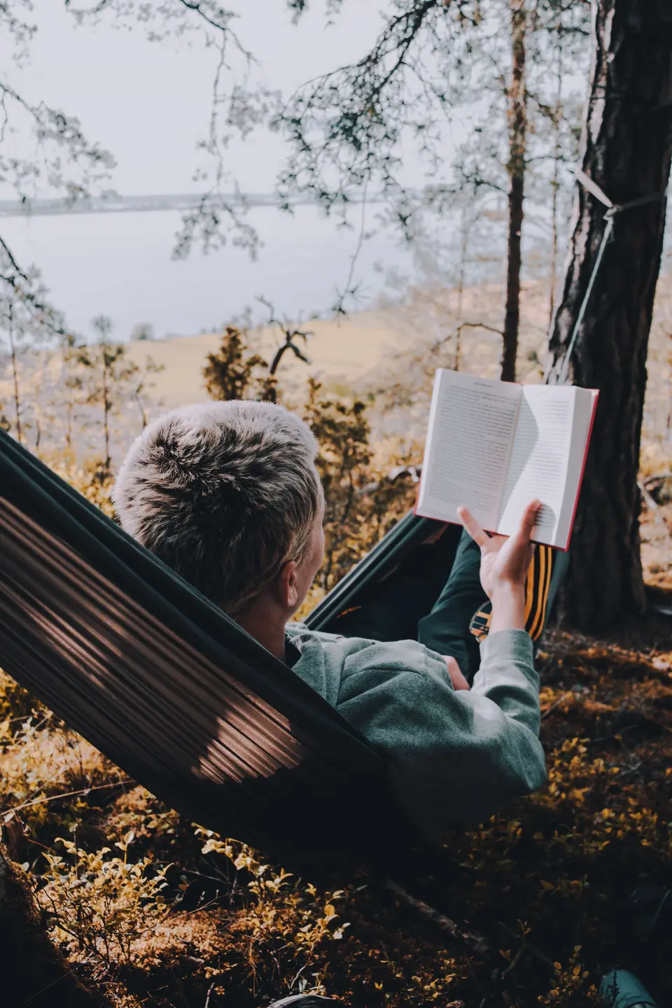 Iemand met grijs haar ligt in een hangmat tussen de bomen en leest een boek