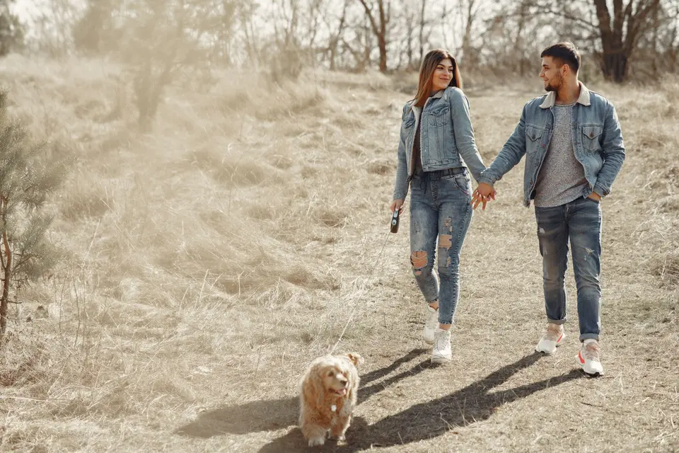 Een stel wandelt hand in hand over een zandpad door een veld, met hun hond voorop